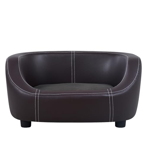 Hundebett, weißes Nähgarn, Hundesofa und Stuhl, Holzrahmen, PU-Haustiersofa, Katzensofa mit waschbarem Samtkissen für kleine Tiere, Braun (Braun) von Yoonnie room