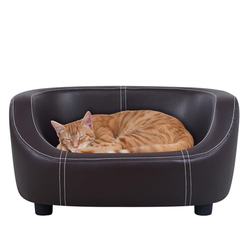 Hundebett, Hundesofa, Katzenbett, Haustiersofa, Katzensofa, Haustiercouch, mit Holzrahmen und PU-Leder und waschbarem Kissen, für kleine Tiere (braun) von Yoonnie room