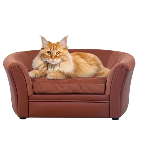 Hundesofa und Stuhl/Hundebett mit PU und Samt-Nähbezug/Holzrahmen, Haustier-Sofa/Katzensofa mit waschbarem Samtkissen für kleine Tiere, zum Ausruhen von Kleintieren, Kaffee (Kaffee) von Yoonnie room