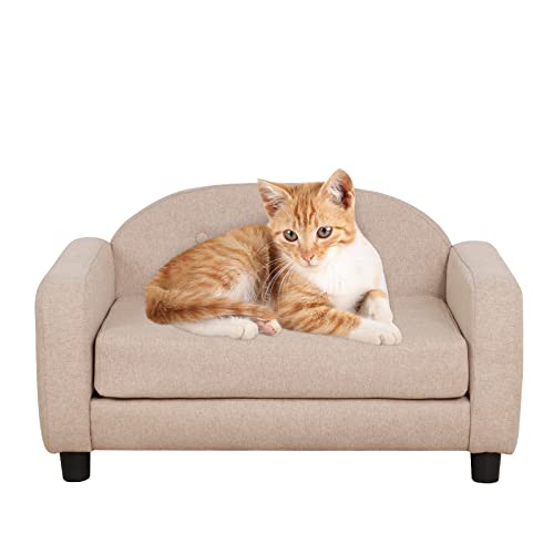 Yoonnie room Hundesofas und Stühle für kleine Haustiere/Katzensofa mit Holzrahmen/Bett für Hunde mit Leinenstoff/Katzensofa Stuhl mit Kissen/Hundesofa für kleine Hunde (Beige) von Yoonnie room