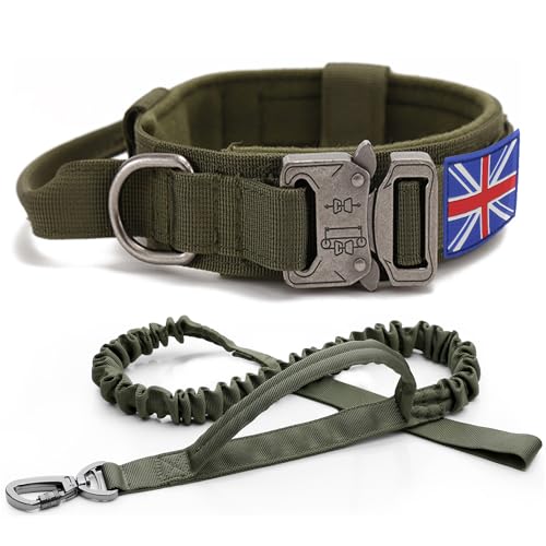 Taktisches Hundehalsband und Leine-Set – YoothBro K9 Militär-Hundehalsband mit UK-Flagge, verstellbares Nylon-Hundehalsband mit robuster Metallschnalle für mittelgroße und große Hunde, Größe L, Grün von YoothBro