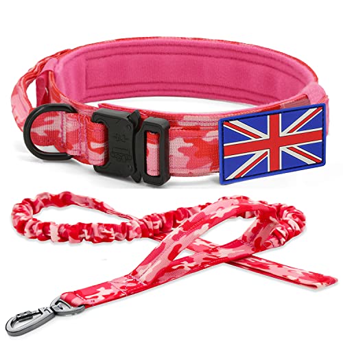 Taktisches Hundehalsband und Leine Set - YoothBro K9 Militärisches Hundehalsband mit UK-Flagge, verstellbares Nylon-Hundehalsband mit robuster Metallschnalle für mittelgroße große Hunde, Rosa, L von YoothBro