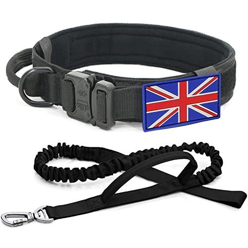 Taktisches Hundehalsband und Leine, Set, YoothBro K9, Militär-Hundehalsband mit UK-Flagge, verstellbares Nylon-Hundehalsband mit robuster Metallschnalle für mittelgroße und große Hunde, Größe M, von YoothBro