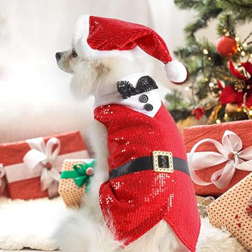 Yoption Weihnachten Hundeanzug und Hut Set, Weihnachtsfeier Hund Katze Kostüme Lustige Welpen Fliege Xmas Party Cosplay Outfits (L) von Yoption