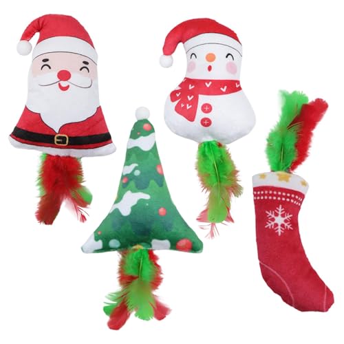 Yorajuy Weihnachtsspielzeug mit Katzenminze,Weihnachtsspielzeug für Katzen | 4-teiliges Kauspielzeug für zahnende Kätzchen,Plüsch-Weihnachtskatzenspielzeug mit Katzenminze-Knistergeräusch, von Yorajuy