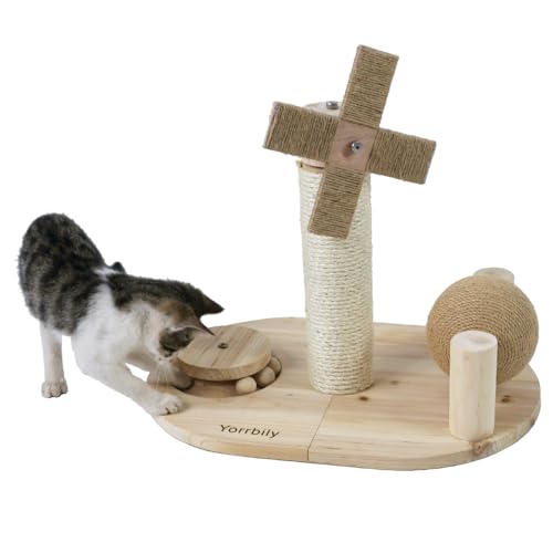 Yorrbily Katzenkratzbaum Katzenkratzbaum Kätzchenspielzeug für Indoor-Katzen Holzballbahn Windmühle geformt Sisal 36,8 cm hoch Kratzbaum Rollender Sisal Katzenkratzball von Yorrbily