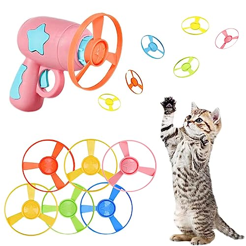 Youery Cat Fetch Toy, Haustier Spielzeug Bunte Fliegende Propeller Disc Katzenspielzeug Chasing Untertasse mit 1 Launchers und 6 Propellers Zufällige Farbe für Interactive, Training, Jagen, Schlagen von Youery