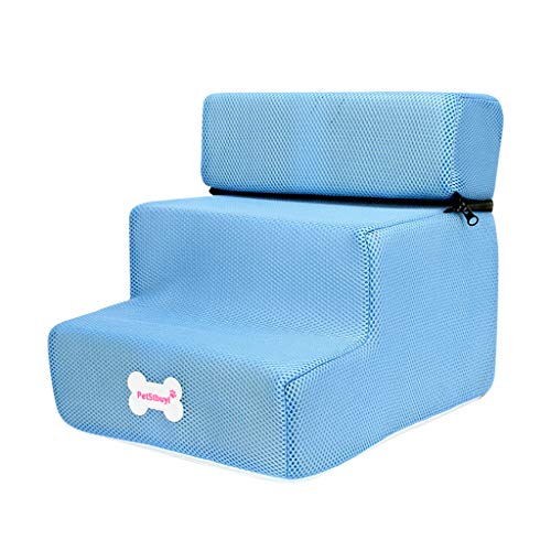 Yowablo Hundetreppe Neue atmungsaktive Mesh Faltbare Haustiertreppen abnehmbare Haustierbett Katze Hund Rampe 3 Schritte (Falte Größe:30 * 35 * 30cm,2- Blau) von Yowablo