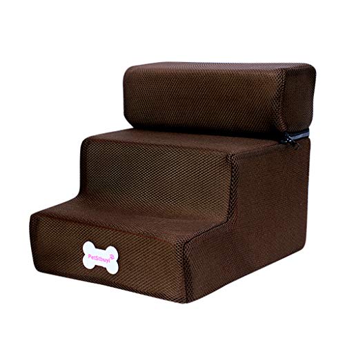 Yowablo Hundetreppe Neue atmungsaktive Mesh Faltbare Haustiertreppen abnehmbare Haustierbett Katze Hund Rampe 3 Schritte (Falte Größe:30 * 35 * 30cm,2- Kaffee) von Yowablo