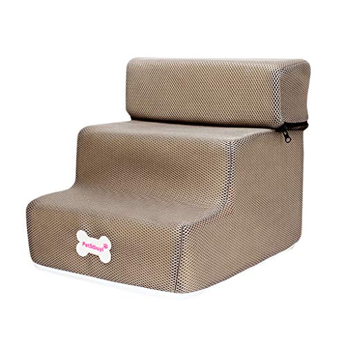 Yowablo Hundetreppe Neue atmungsaktive Mesh Faltbare Haustiertreppen abnehmbare Haustierbett Katze Hund Rampe 3 Schritte (Falte Größe:30 * 35 * 30cm,2- Khaki) von Yowablo