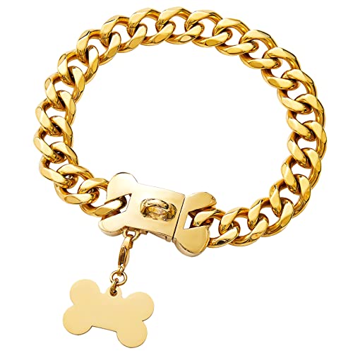 19 mm Edelstahl Gold Hundekette Halsband mit Knochenform Schnalle, Haustierschmuck Hunde-Halskette, strapazierfähig, starke kubanische Gliederkette, Spaziergang Halsband für Jungen und Mädchen Hunde von Yowity