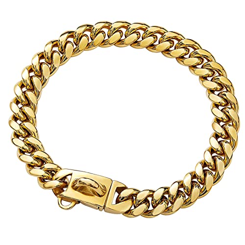 Starkes goldfarbenes Edelstahl-Hundehalsband, 14 mm, kubanische Glieder-Hundehalsband, goldfarbene Kette für kleine, mittelgroße Hunde, 40,6 cm von Yowity