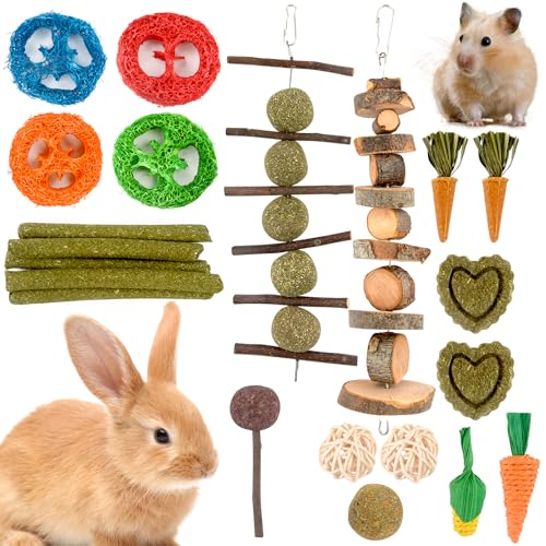 Yozexin 21 Stück Kaninchen Spielzeug Beschäftigung Kauspielzeug, Hasen zubehör mit apfelstäbchen Timothy Heu Sticks, Kleintiere Molar Zahnpflege für Hamster Meerschweinchen Papagei von Yozexin