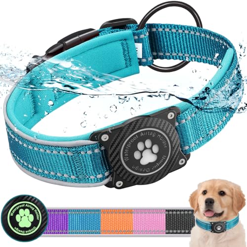 Ytanest Leuchtend AirTag Hundehalsband Halter 100% Wasserdicht Integriertes Apple Air Tag Reflektierend für mittlere große Hunde, Blau, M von Ytanest