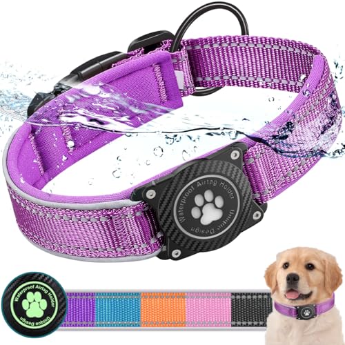 Ytanest Leuchtend AirTag Hundehalsband Halter 100% Wasserdicht Integriertes Apple Air Tag Reflektierend für mittlere große Hunde, Lila, L von Ytanest