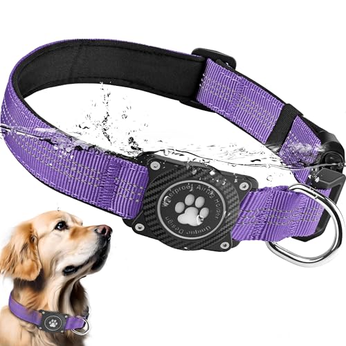 Ytanest Leuchtend AirTag Hundehalsband Halter 100% Wasserdicht Integriertes Apple Air Tag Reflektierend für mittlere große Hunde, Lila, M von Ytanest