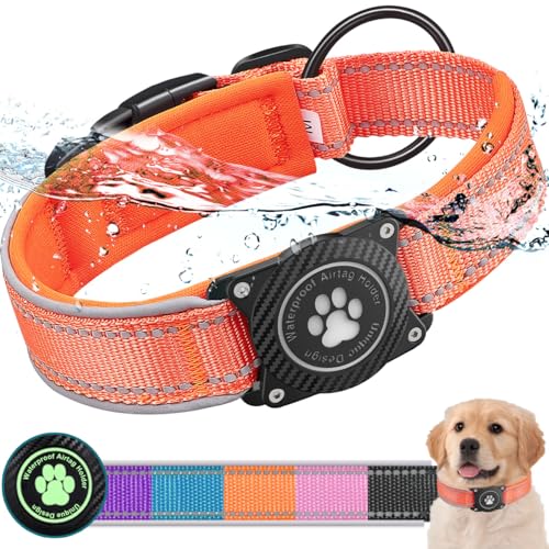 Ytanest Leuchtend AirTag Hundehalsband Halter 100% Wasserdicht Integriertes Apple Air Tag Reflektierend für mittlere große Hunde, Orange, XL von Ytanest