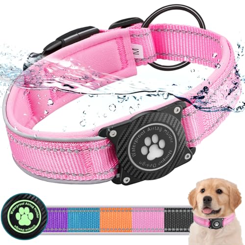 Ytanest Leuchtend AirTag Hundehalsband Halter 100% Wasserdicht Integriertes Apple Air Tag Reflektierend für mittlere große Hunde, Rosa, L von Ytanest