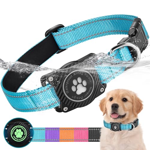 Ytanest Leuchtend Wasserdicht Airtag Hundehalsband, Verstellbar Reflektierend Air Tag Halter Halsband Reflektierend für Kleine Mittler Große Hund, Blau, S von Ytanest