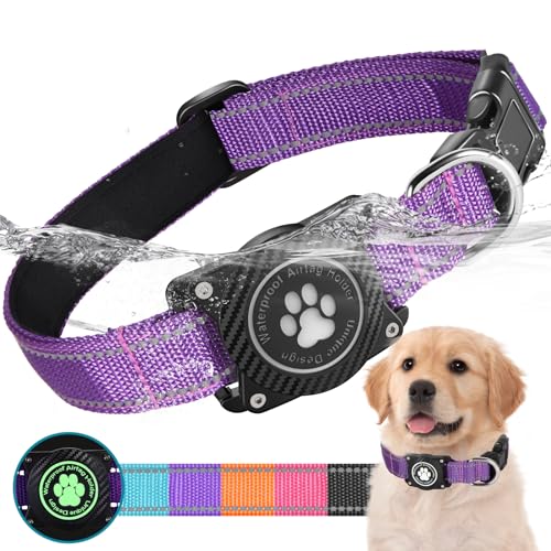 Ytanest Leuchtend Wasserdicht Airtag Hundehalsband, Verstellbar Reflektierend Air Tag Halter Halsband Reflektierend für Kleine Mittler Große Hund, Lila, L von Ytanest