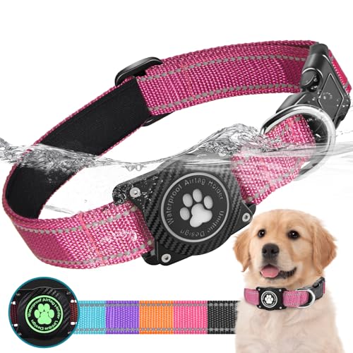 Ytanest Leuchtend Wasserdicht Airtag Hundehalsband, Verstellbar Reflektierend Air Tag Halter Halsband Reflektierend für Kleine Mittler Große Hund, Rot, L von Ytanest