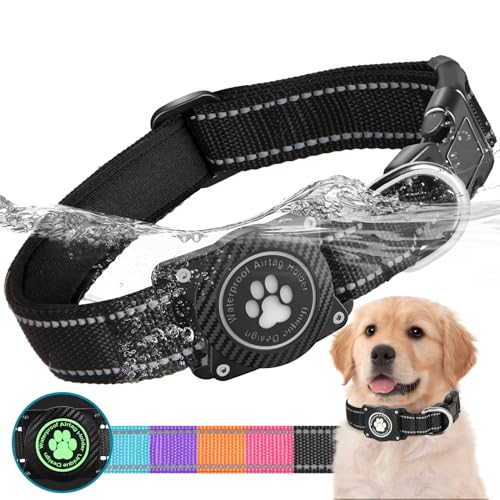 Ytanest Leuchtend Wasserdicht Airtag Hundehalsband, Verstellbar Reflektierend Air Tag Halter Halsband Reflektierend für Kleine Mittler Große Hund, Schwarz, L von Ytanest