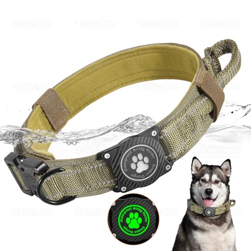 Ytanest Taktisches Hundehalsband mit Griff, Wasserdicht Airtag Halsband Weich Gepolstertes Nylon Verstellbare für Mittlere Große Hund, Armeegrün, L von Ytanest