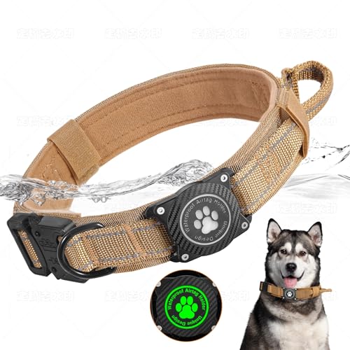 Ytanest Taktisches Hundehalsband mit Griff, Wasserdicht Airtag Halsband Weich Gepolstertes Nylon Verstellbare für Mittlere Große Hund, Kaki, L von Ytanest