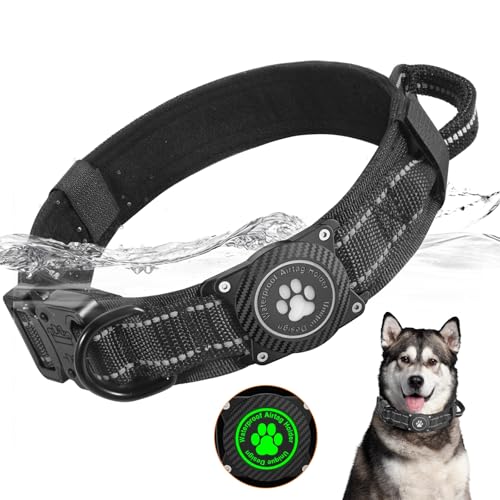 Ytanest Taktisches Hundehalsband mit Griff, Wasserdicht Airtag Halsband Weich Gepolstertes Nylon Verstellbare für Mittlere Große Hund, Schwarz, L von Ytanest