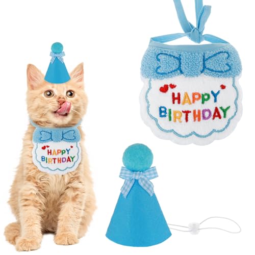 Yuanchu Katze Geburtstag Hut und Lätzchen, Outfit niedliche Katze Haustier Hut Schal Dekoration Set Lovely Katze Hut und Bid Outfit für Katze Welpe Kätzchen Geburtstag Party Dekorationen(Blau) von Yuanchu