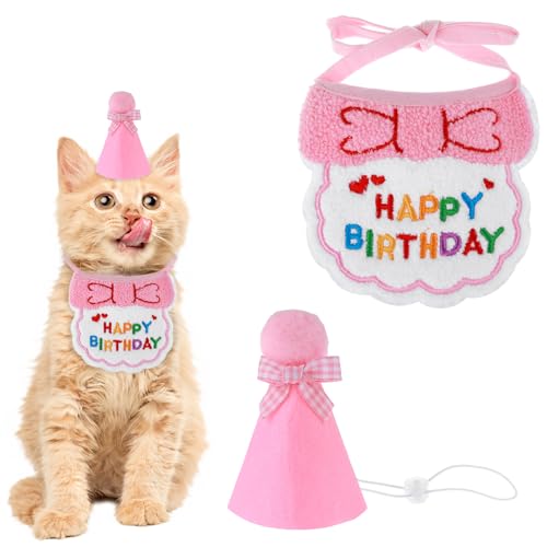 Yuanchu Hund Geburtstag Party Set, Katze Geburtstagsmütze Schal-Set Hundegeburtstagsgeschenk Hund Geburtstag Deko Hund Geburtstag Hut Hund Halstuch Welpenkatzenhaustie Geburtstagsparty-Zubehör(Rosa) von Yuanchu