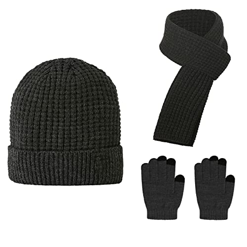 Yuehuamech 3 stücke Männer Winter Beanie Mütze Schal Touchscreen Handschuhe Set Gestrickte Warme Fleece Skull Cap Fäustlinge Halswärmer Langer Schal Für Männer Und Frauen Outdoor-Sportarten von Yuehuamech