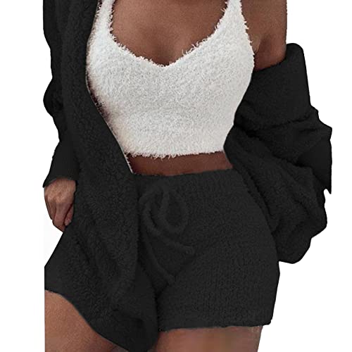 Yuehuamech 3Pcs Womens Pyjamas Hoodies Fleece Sexy Loungewear Outfit Strickwagen Westen Shorts Set Nachtwäsche Pjy Nachtwäsche Ingen im Freien von Yuehuamech