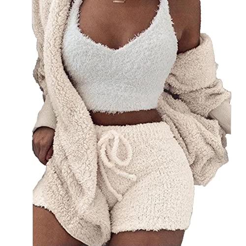 Yuehuamech 3Pcs Womens Pyjamas Hoodies Fleece Sexy Loungewear Outfit Strickwagen Westen Shorts Set Nachtwäsche Pjy Nachtwäsche Ingen im Freien von Yuehuamech