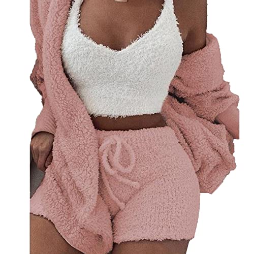 Yuehuamech 3Pcs Womens Pyjamas Hoodies Fleece Sexy Loungewear Outfit Strickwagen Westen Shorts Set Nachtwäsche Pjy Nachtwäsche Ingen im Freien von Yuehuamech