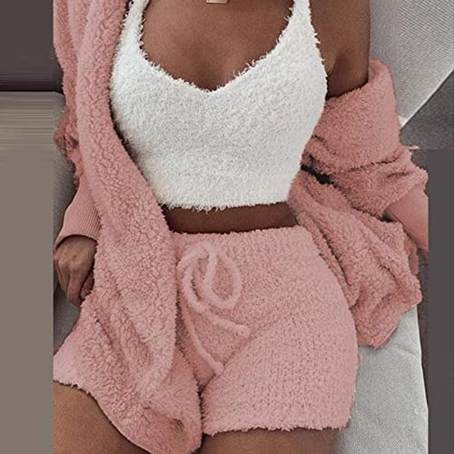 Yuehuamech 3Pcs Womens Pyjamas Hoodies Fleece Sexy Loungewear Outfit Strickwagen Westen Shorts Set Nachtwäsche Pjy Nachtwäsche Ingen im Freien von Yuehuamech