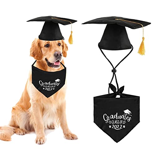 Yuehuamech Graduates Class of 2022 Dog Bandana and Hat Set with Yellow Tassel Dog Triangle Kerchief Bibs for Dogs Cats Grad Party Costume Accessory Holiday Party von Yuehuamech