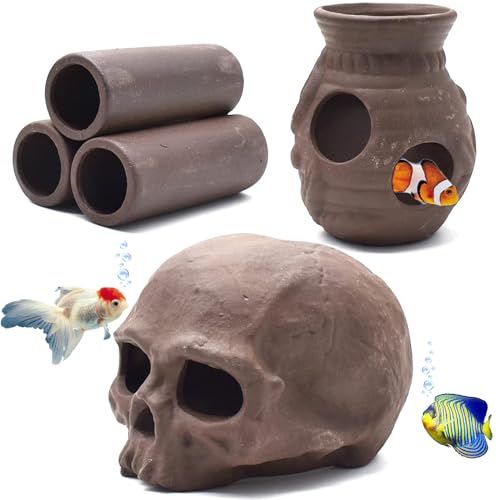 Yueser Aquarium Rock Cave Dekoration, 3 Stücke Zisha Mud Dekoration Schädel Dreiecksvase und kleine Löcher für Kleine Garnele Fisch Verstecken Aquarium Deko von Yueser