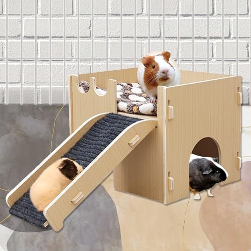 Yuimikaka Meerschweinchen-Bett aus Holz, Meerschweinchenbett mit Höhlentreppe und Matte, Kleintierhaus & Versteck Hütte Lebensräume für Hasen, Meerschweinchen, Hamster, Chinchilla, Spielen, Schlafen, von Yuimikaka