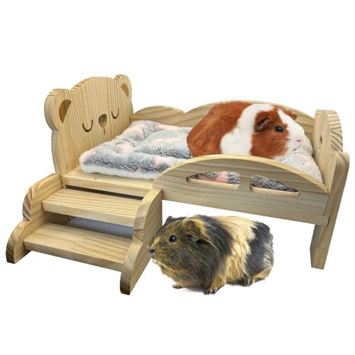 Yuimikaka Meerschweinchenbett aus Holz mit Treppe und Matte, waschbares, weiches Kleintierbett, Meerschweinchen-Versteck für Meerschweinchen, Hamster, Zwergkaninchen, Chinchilla, Eichhörnchen von Yuimikaka