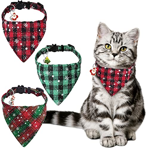 YUJUN 3 Stück Weihnachten Katze Bandana Halsbänder Breakaways mit Glocke Weihnachten Einstellbare Plaid Schneeflocke Halsband Schnalle Sicherheit für Welpen Kätzchen von Yujun