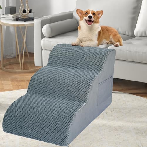 Hundetreppe für hohe Betten, 3-stufige Hundetreppe & Stufen, 39,9 cm H für kleine Hunde, Katzen, Haustiere, um auf 40,6–50,8 cm hohe Couch/Stuhl/Betten zu gelangen, 3 Etagen Haustier-Hunderampe Leiter von Yukfona