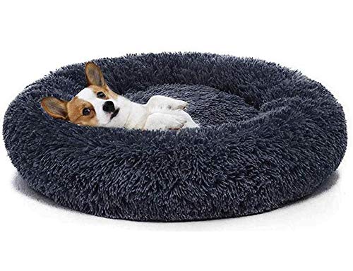 Yuly Flauschiges Haustierbett, groß, rund oder oval, Donut-Hundebett, Plüsch-Kuscheltier mit weichem Kissen, gemütlich, selbstwärmend, waschbar, rutschfest, 80 x 20 cm, Dunkelgrau von Yuly