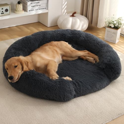 Yuly Orthopädisches Hundebett,Hundekorb,Ergonomisches Hundesofa,Hundematte,Langer Plüsch,Druckentlastenden Schaum,Bezug Abnehmbar Waschbar,Rutschfester Unterseite (50cm,Dunkelgrau) von Yuly