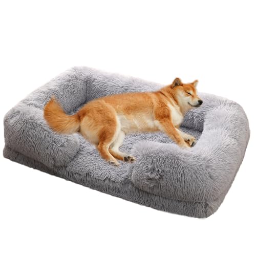 Yuly Orthopädisches Hundebett,Hundekorb Große Hunde,Hundesofa mit Eierförmiger Kistenschaum,Waschbar Hundekissen flauschig,rutschfeste Unterseite,Langer Plüsch (L-80x55x15cm,Khaki) von Yuly