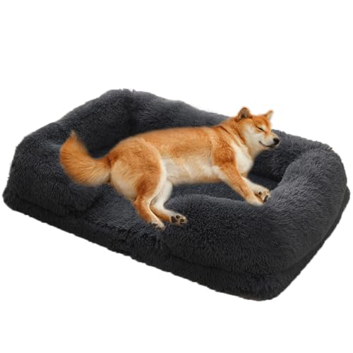 Yuly Orthopädisches Hundebett,Hundekorb Große Hunde,Hundesofa mit Eierförmiger Kistenschaum,Waschbar Hundekissen flauschig,rutschfeste Unterseite,Langer Plüsch (M-60x48x15cm,Khaki) von Yuly