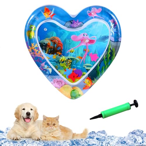 Wassermatte Katze, Water Sensory Play Mat Cat Verdickte Wasserspielmatte Katze Aquarium Themen Pet Play Wassersensor-Spielmatte Mit Fisch Kühl Und Bequem Für Haustiere (Love Heart) von YumSur