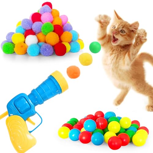 YumSur Katzenspielzeug Bälle mit Katzenspielzeug-Werfer,1 Katzenspielzeug-Werfer,100 Stück Katzenspielzeug Bälle,Interaktives Katzenspielzeug für Katzen Indoor (150 Stück, Style 2) von YumSur