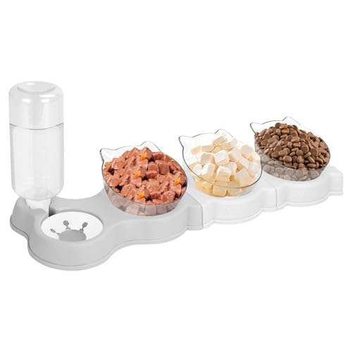 Yummy Sam Erhöhte vier Katzenschalen für Futter und Wasser, 15° geneigt, 4 in 1 kleine Futternäpfe für Haustiere, Set mit automatischer Wasserflasche und dreifachen Futternäpfen, von Yummy Sam