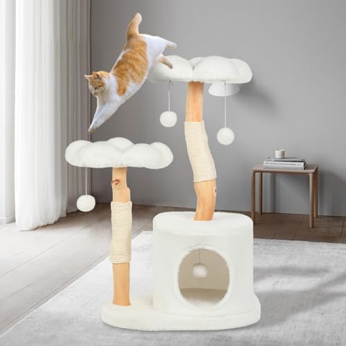 Yungaspy Niedlicher Katzenbaum Turm für Indoor-Katzen Erwachsene, Holzblumenkatzenbäume mit 6 Pompons, moderner Katzenbaum Turm mit Kratzbaum, ästhetische Luxus-Katzenhütte für Katzen Kätzchen, von Yungaspy